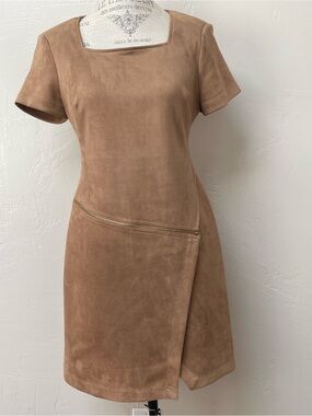 Calvin Klein Tan Faux Suede Short Sleeve Shift Dress